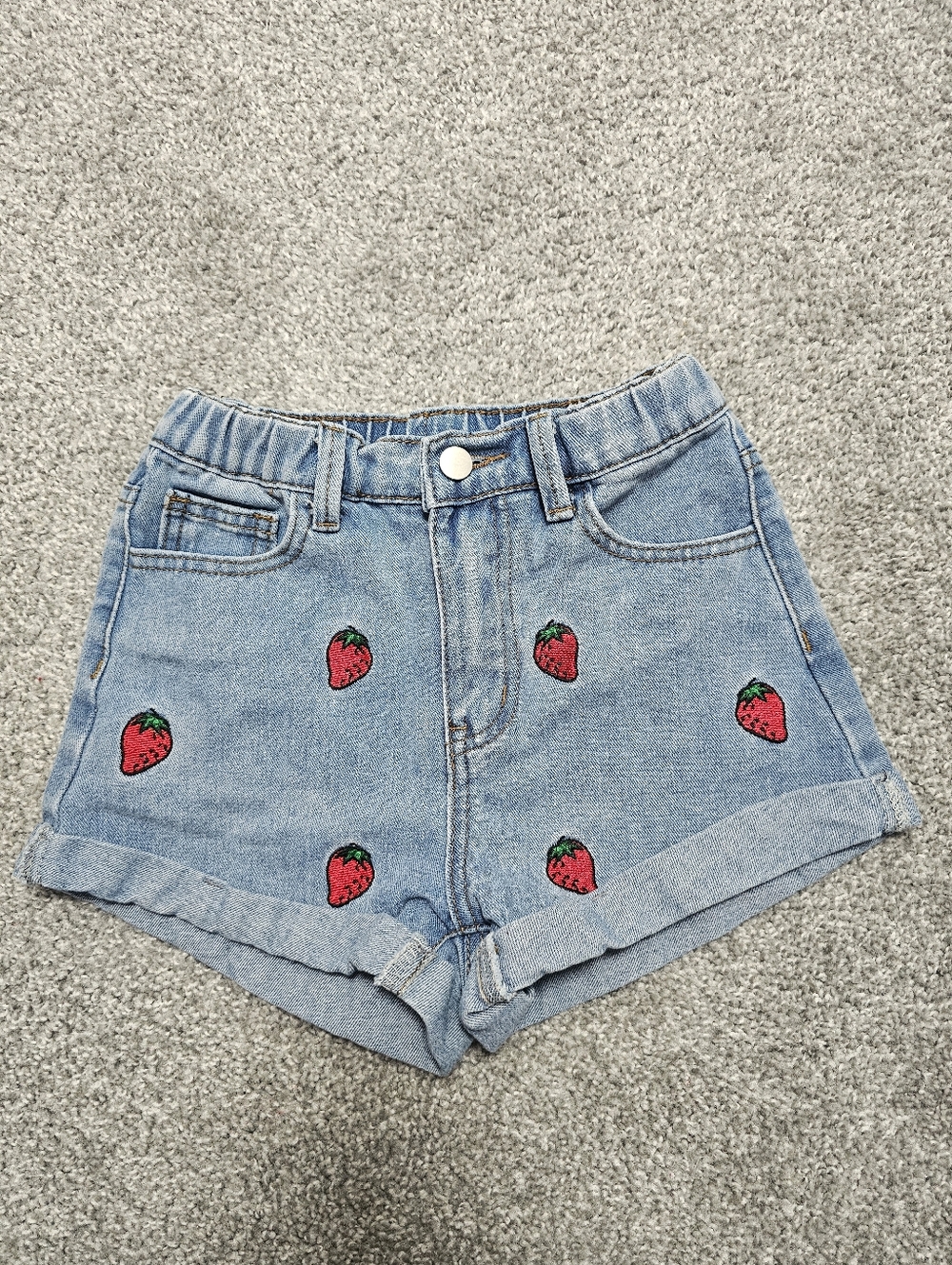 Shein Girl Light Blue Denim Shorts with Strawberry Patch Embroidery Size 9Y